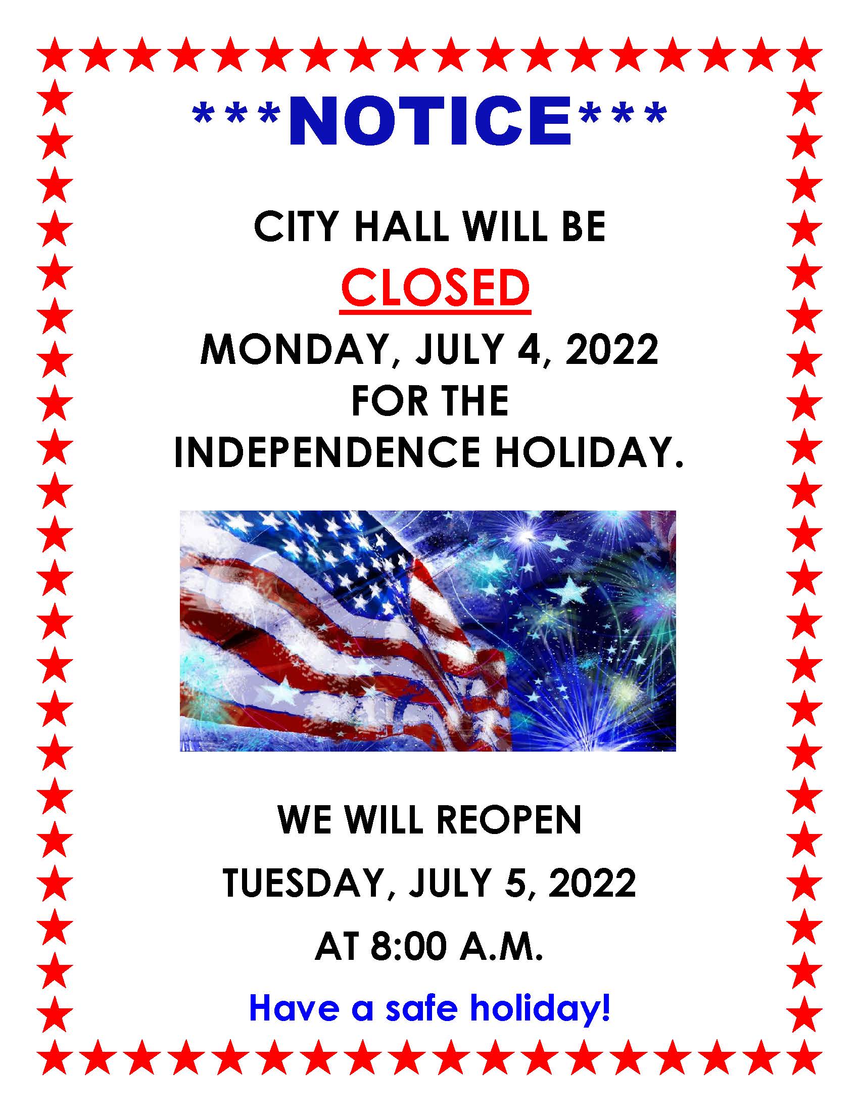 City Hall Closed - July 4 - 2022