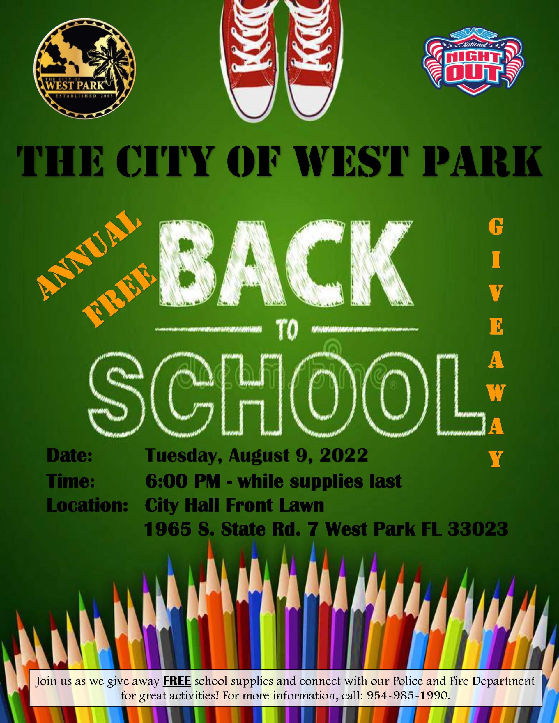 BACK TO SCHOOL SUPPLIES GIVEAWAY AND NATIONAL NIGHT OUT FLYER